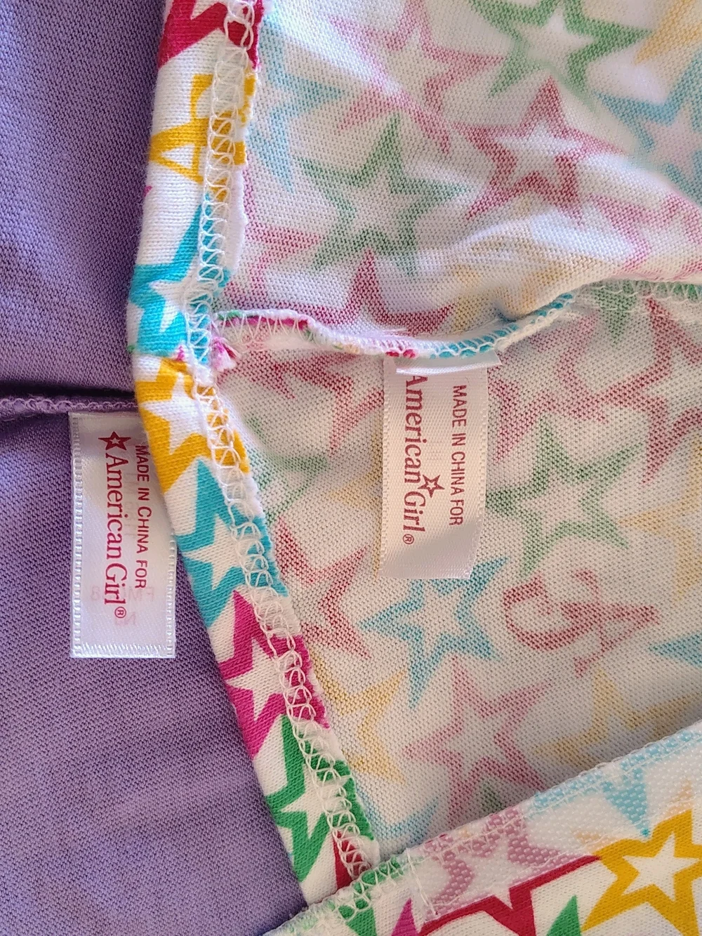 American Girl White Top with Multicolor Star Print and Pink Trim